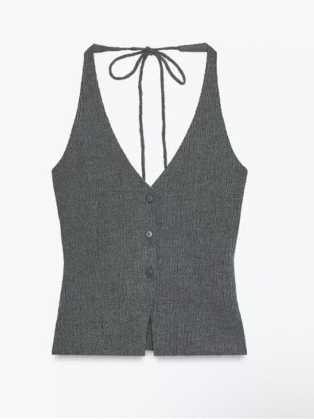 Zara Gray Ribbed V-Neck Button Tank with Back Tie